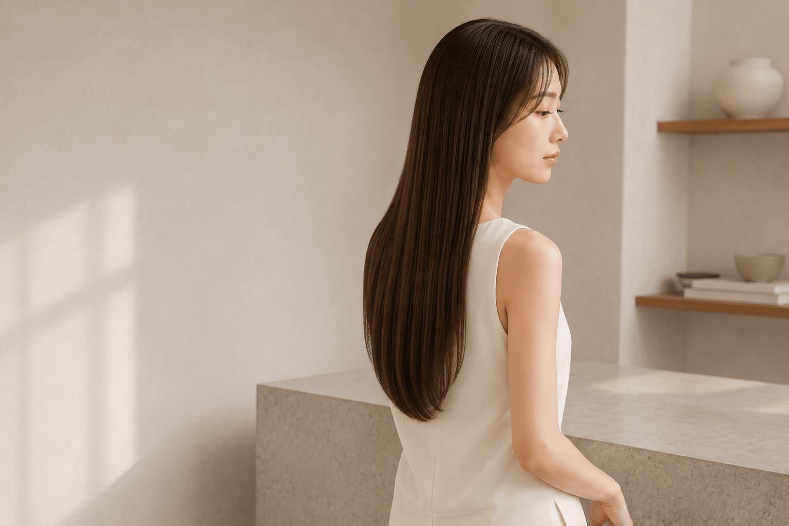 髪の状態を見極めながら最適な施術設計を表現するストレートヘアのビジュアル