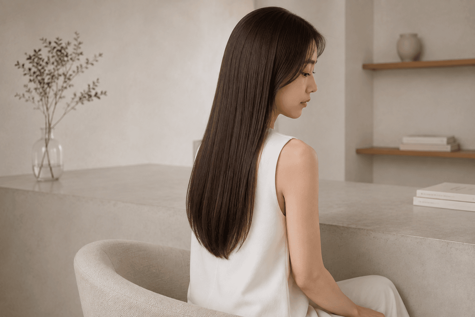 アームチェアに腰掛け、艶やかな長いストレートヘアで横顔を見せる女性