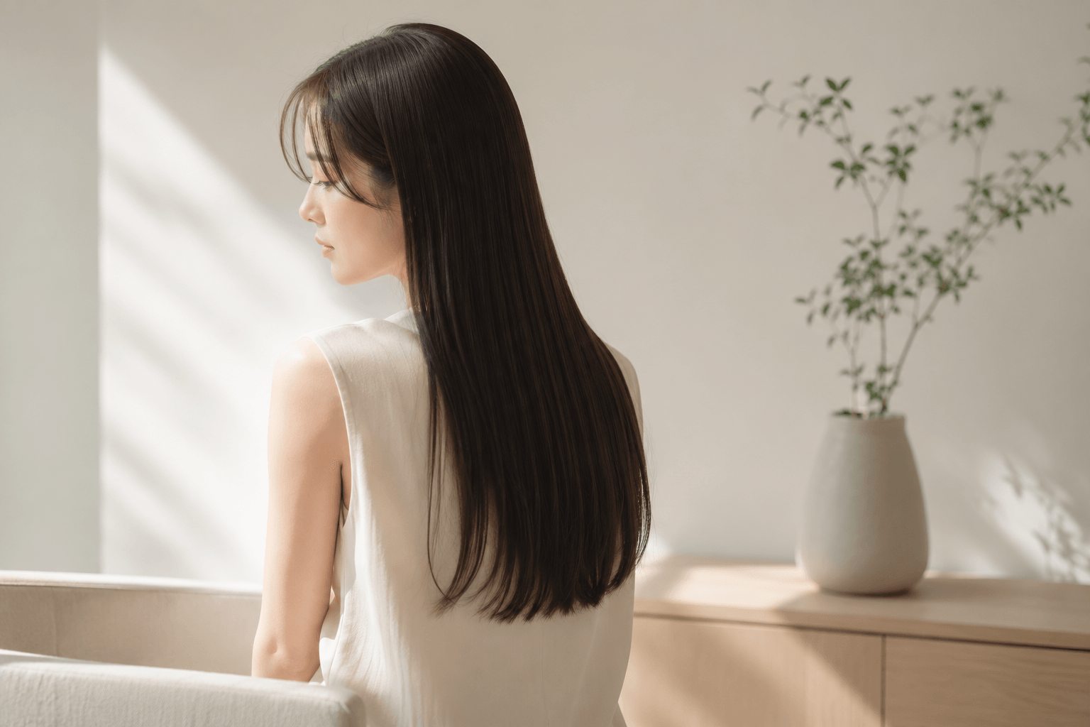 縮毛矯正後の美しいストレートヘアが自然光で映える女性